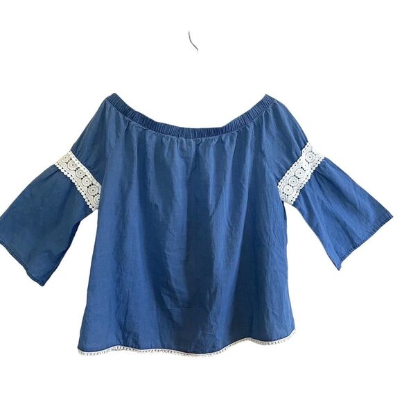 Joe’s Jeans Off The Shoulder Blue Chambray Blouse Crochet Trim Size Small - Picture 6 of 10